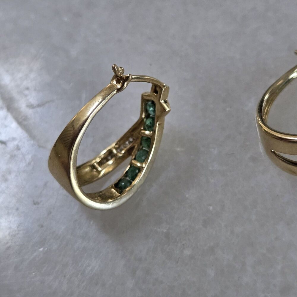 Estate 14K Yellow Gold Emerald Huggie Earrings - Picture 7 of 12